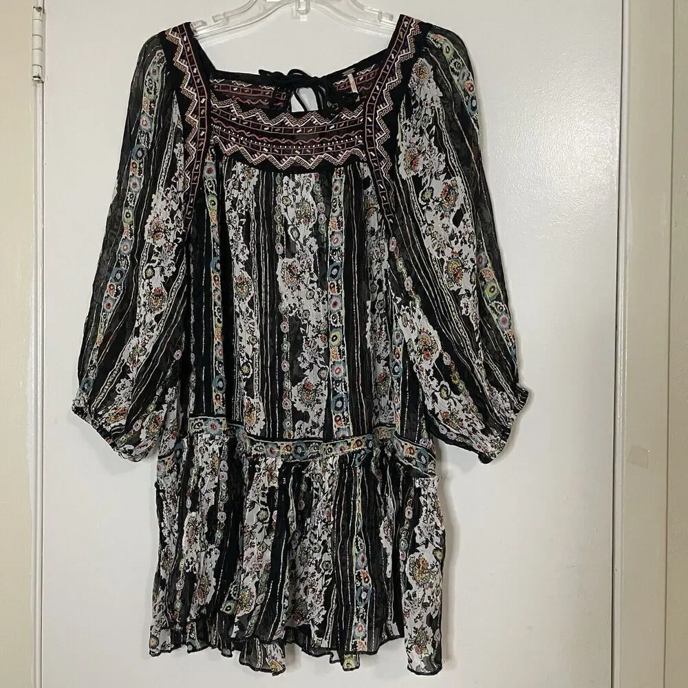 Free People Dance Magic Boho Black Sheer Embroidered floral Tunic Dress Small